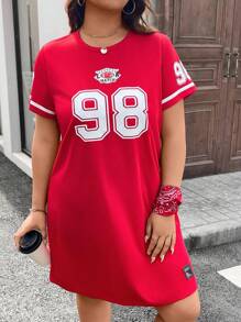 SHEIN LUNE 大码女式针织网眼圆领运动衫连衣裙，女士夏季服装，女士音乐会服装，狂欢服装节日，女士街头服饰夏季波西米亚风复古风女士夏季服装春假狂欢服装节日春假服装 - 紅色 - 查看 3