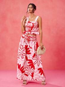 VALERIA GALIPOLI Designer Pink Playful Floral Print Ruffle Elastic Waistband Bow Ruched Vacation Maxi Skirt, High Waisted Skirt Festival, Ibiza Fits Summer Casual Cute BOHO Brunch Women Cruise Skirt