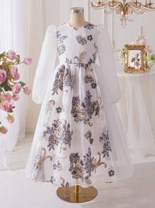 SHEIN Tween Girls Floral Organza Jacquard Ruffle Bow Decor Lantern Sleeve Elegant Dress, Renaissance Style, Princess Gown, Perfect For Birthday Party, Graduation Ball - Multicolor - View 6