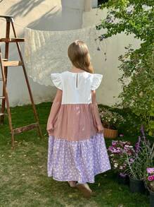 LMoss Kids Vestido ajustado para niñas preadolescentes con cuello redondo, volantes en el bajo y estampado de flores pequeñas en colores contrastantes - Multicolor - Ver 2