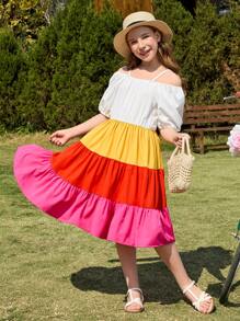 Tween Girls Summer Off Shoulder Färgglad Splicing Casual Lös Bekväm klänning - Multifärgad - Visa 3