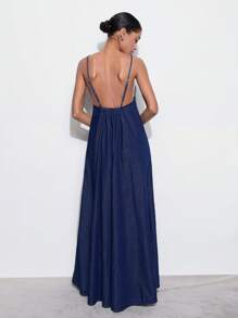 Maija Women's Dark Blue Denim Dress Vacation Slip Dress Backless Summer Dress, Going Out - Dark Wash - View 5