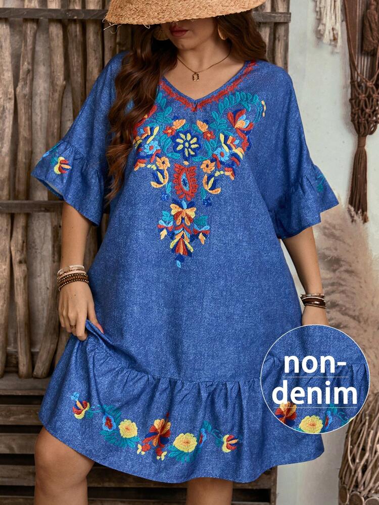 Plus Size Women Floral Print Flare Sleeve Vacation Country Dress For Summer  Women Plus Clothing Boho Summer Outfits Spring Outfits For Women Easter Dress Women Western Wear Women Boho Plus Size Dress