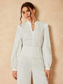 Oxana Designer Business Casual White Embroidery Lace Appliques Buttons Long Sleeves Buttoned Cuffs Notched Collar Blouse Festival Ramadan, Office - White - View 3