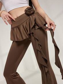 Mulvari 女款纯色 3D 花朵装饰休闲紧身裤 - 卡其色 - 查看 5