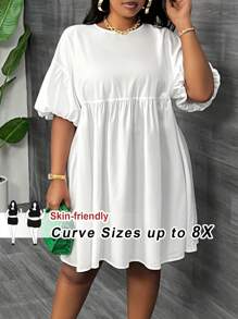 SHEIN CURVE+ 休闲度假圆领半袖灯笼袖 A 字型婴儿连衣裙，白色编织迷你连衣裙，加大码女款 - 白色 - 查看 1