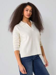 Athîral Suéter minimalista de cuello en V de unicolor y manga larga para mujer, casual para uso diario