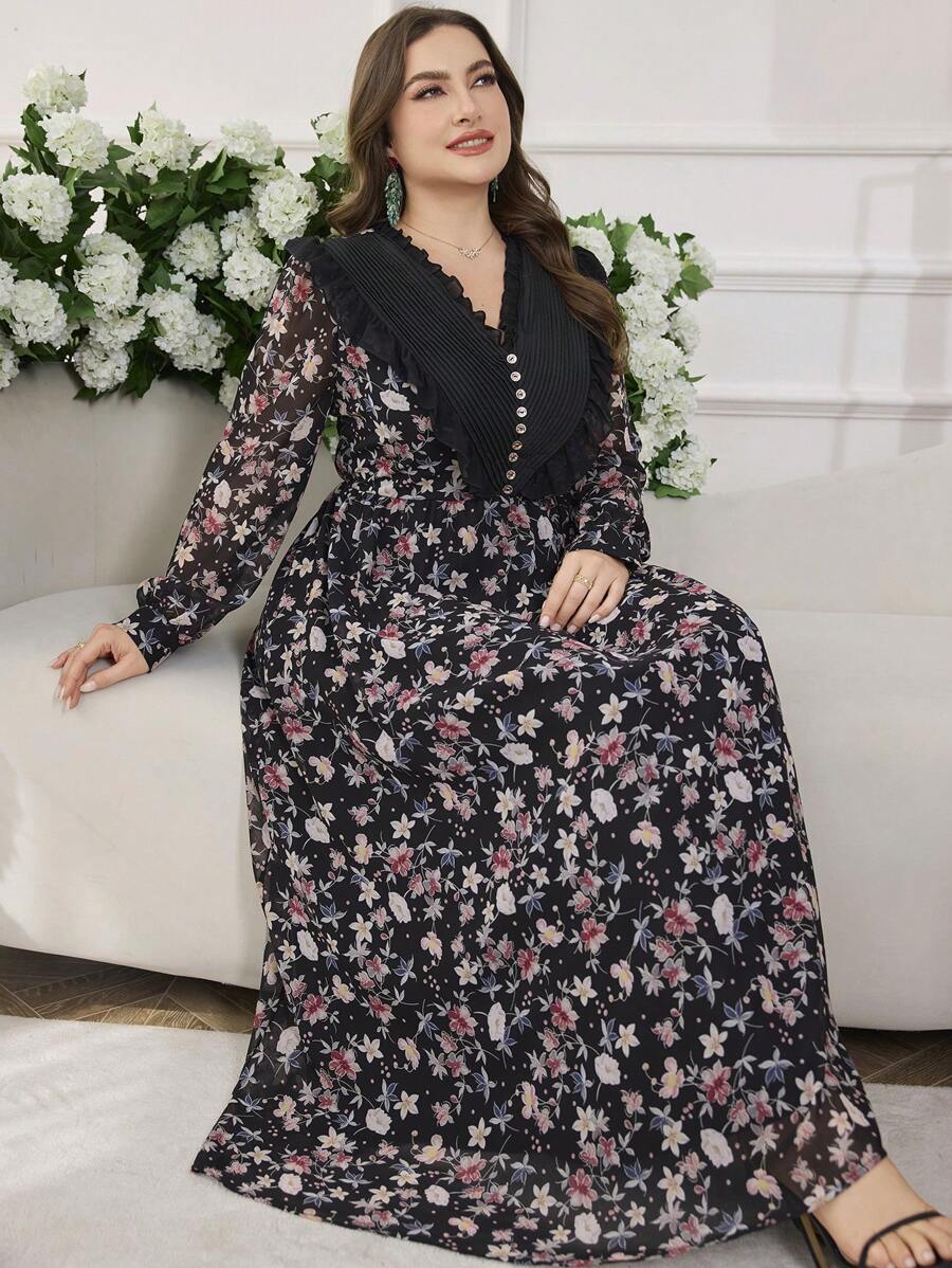 Modelyn Damen V-Ausschnitt Volant besetztes Blüten Langarm Kleid, elegant, schlankend, Große Größen - Verschiedenfarbig - Übersicht 1