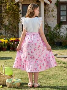 Tween Girl Ruffle Sleeves Ditsy Floral Print Dress With Belt Spring Summer Easter - Coral Pink - View 2