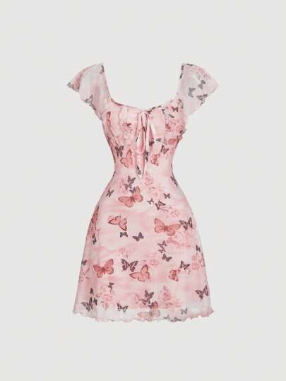 SHEIN MOD Women's Butterfly Floral Cap Sleeve Bowknot Waist Mini Dress,Vacation Outfits Woman,Summer,Beach Outfits For Woman,Valentines Clothes Women,Date Night Outfits Women,Tropical Vacation Woman Clothes,Brunch Outfits For Women,Boho Women Clothing,2000s Style,Pink Dress,Mesh Dress,Valentines Dress,Mini Dress,Pastel Dresses For Women
