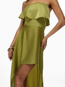 MISSGUIDED Elegant High-Low Strapless Evening Maxi Dress With Ruffle Overlay Perfect For Party Wedding Guest Special Occasion Formal Events Holiday Season Prom Gala - Olive Green - View 5