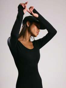 Musera Sport Ribbed Seamless Scoop Neck Long Sleeve Fitted Playsuit ,Padel, Tennis, Pickleball Gym Fitness - Black - View 5