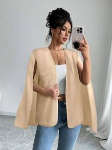 SHEIN Privé Women Front Open Casual Poncho Coat, Solid Color - Apricot - View 6