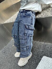 SHEIN Pantalones vaqueros holgados de mezclilla negra con múltiples bolsillos de carga y efecto desgastado, elegante y cool para niños pequeños, ropa informal y versátil para otoño/invierno