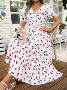 Sunnyshic Plus Size Women's Sweet Fashion Cherry Print Ruffle Collar Puff Sleeve A-Line Long Dress, Spring/Summer Easter Wear - Red and White - View 3