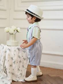 SHEIN 2 件套男婴格子连体裤搭配蝴蝶结衬衫和吊带短裤绅士装，蓝色和紫色 - 彩色 - 查看 6