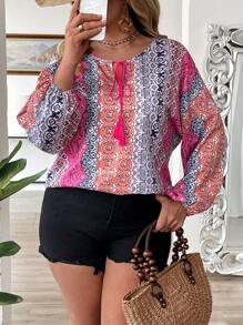 Breezaya Blusa de talla grande con estampado floral bohemio y lazo con flecos adelante