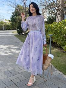 DAZY 2 件套女士植物印花灯笼袖衬衫和中长裙 - 淡紫色 - 查看 5