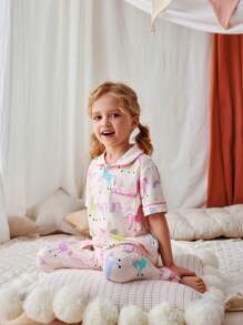 Set de 2 piezas de pijama para bebé niña con parte superior de manga corta y pantalones con estampado lindo y dulce de poni, cómodo y casual - Rosa - Ver 4