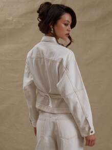 MUSERA Contrast Stitch Long Sleeve Denim Jacket Only Street Style Y2k 90's Country Rave Concert Festival Vacation Streetwear Back To School Casual Everyday Work Office Casual Fall Winter  Chic - White - View 3