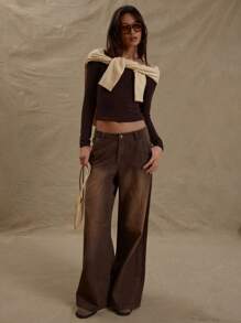 MUSERA Off Shoulder Bardot Fitted Long Sleeve Top Valentine Cute Fall Spring Summer - Coffee Brown - View 4