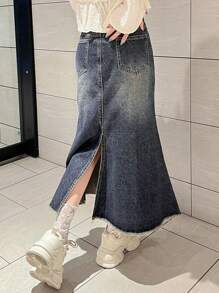 FRIFUL Women's Navy Blue Fish Tail Denim Skirt, Spring Jeans Skirt - Dark Wash - View 6