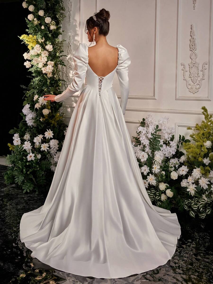 Glamrae Elegante romantische witte hartkraag gerimpelde bisschopsmouw V-hals taille split gerimpelde extra grote rok prachtige trouwjurk voor huwelijksceremonie