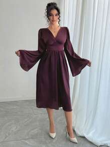 DAZY Women's Elegant Waisted Satin Flare Sleeve Dress, Suitable For Party/Wedding Prom Dress - Purple - View 6