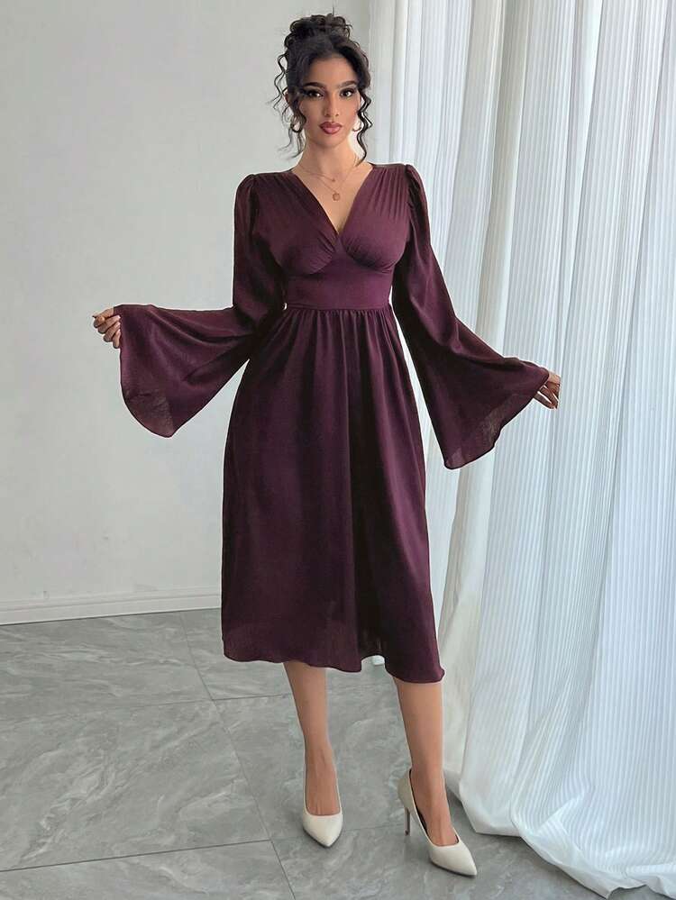 Women's Elegant Waisted Satin Flare Sleeve Dress, Suitable For Party/Wedding Prom Dress Maxi Dress