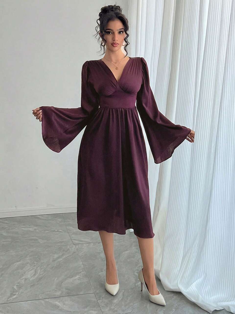 Women's Elegant Waisted Satin Flare Sleeve Dress, Suitable For Party/Wedding Prom Dress Maxi Dress