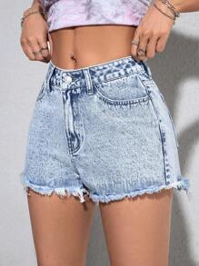 SHEIN PETITE 女士简约前扣口袋牛仔短裤，休闲日常穿着 - 淺色水洗藍 - 查看 4