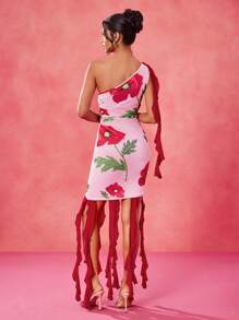 BELANGE HANDMADE Designer Pink And Red Floral Print Asymmetrical Neck Ruffles 3D Flowers Asymmetrical Hem Ruched Mini Dress, Festival, Concert Outfit, Rave, Pastel, Prom Dress