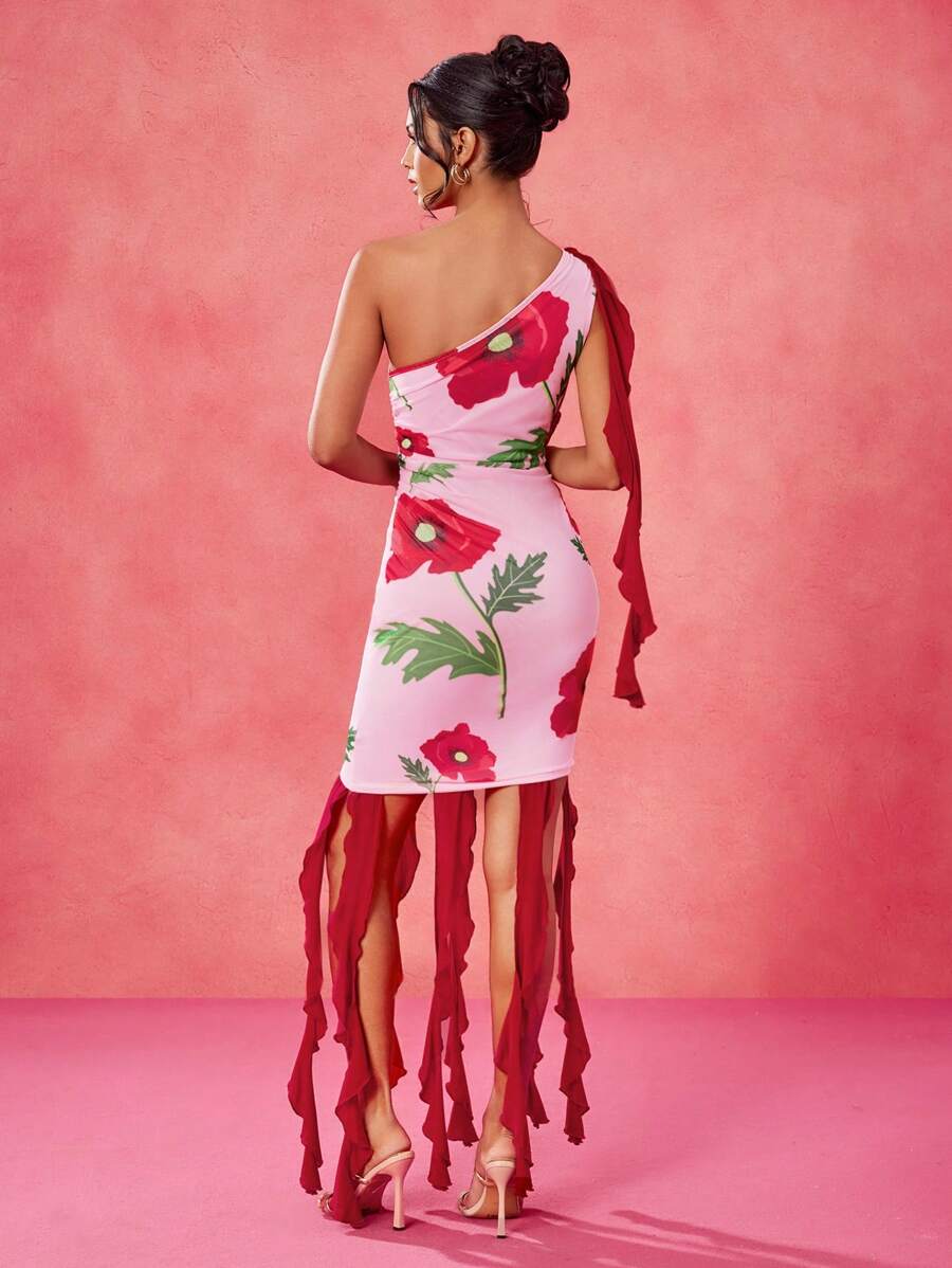 BELANGE HANDMADE Designer Pink And Red Floral Print Asymmetrical Neck Ruffles 3D Flowers Asymmetrical Hem Ruched Mini Dress, Festival, Concert Outfit, Rave, Pastel, Prom Dress