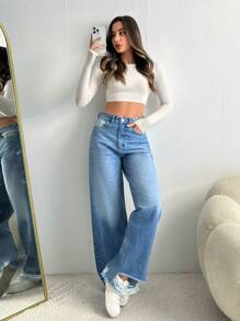 EURMUSE WIDE LEG HIGH WAIST JEANS Simple Fashion Daily Casual - Light Wash - View 1