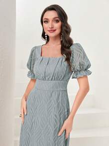 Modelyn Women's Square Neck Short Puff Sleeve Ruffle Elegant Long Dress - Mint Blue - View 5