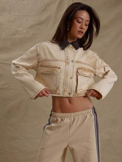 MUSERA Boxy Fit Contrast Collar Washed Front Pocket Detail Long Flared Sleeve Cropped Denim Jacket For Spring Street Style