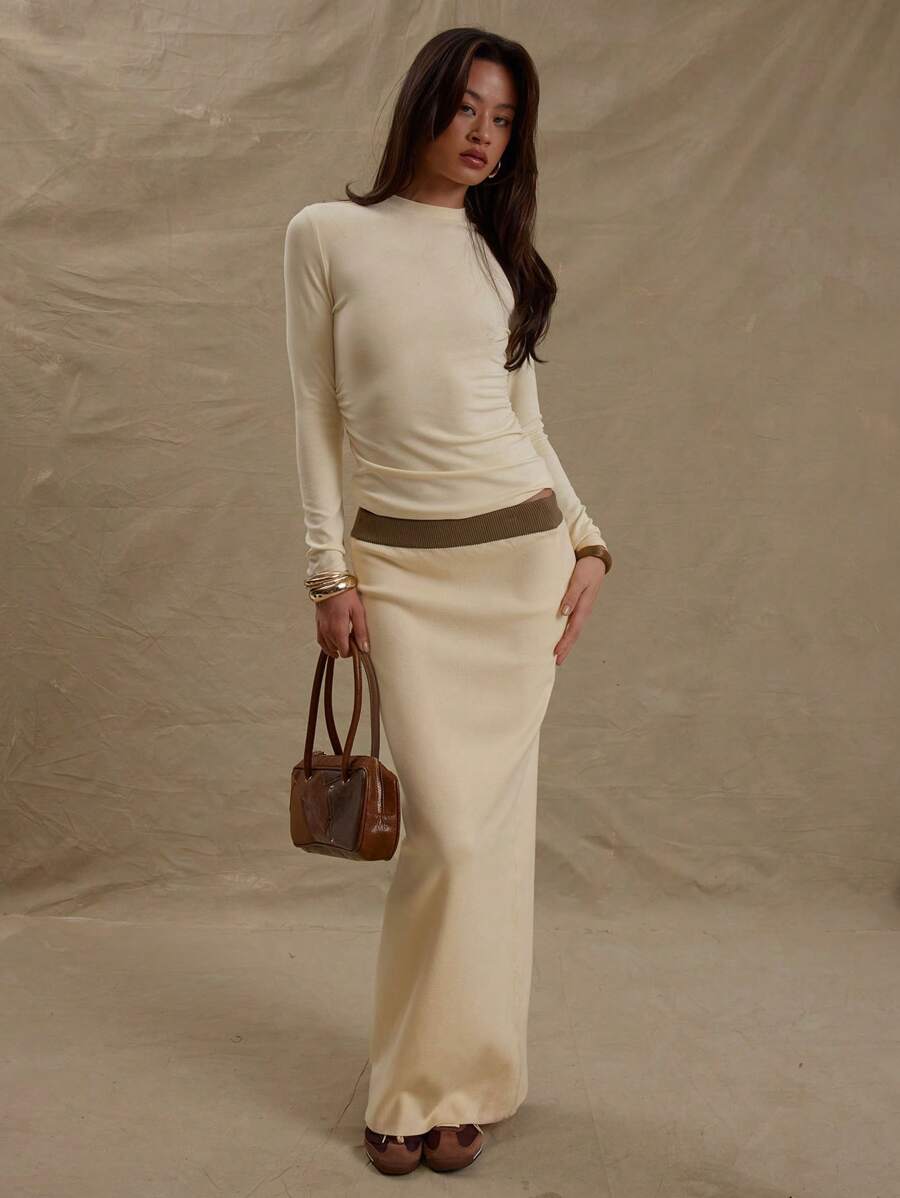 MUSERA 针织撞色腰边修身长裙，优雅春日奶油黄时尚款 - 奶油色 - 查看 1
