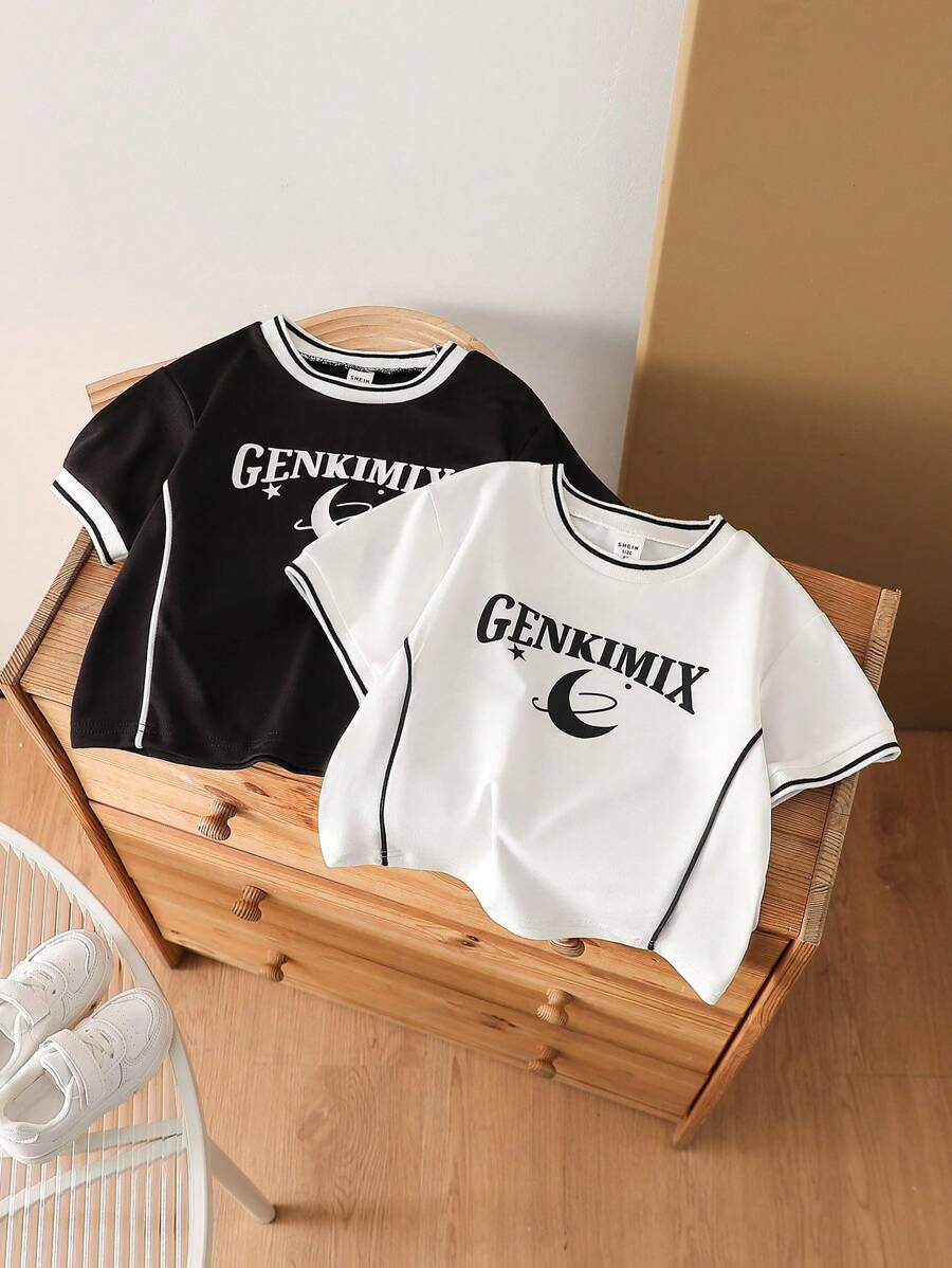 SHEIN 2pcs/Set Young Boys Black Round Neck Comfortable Casual Street Fashion Moon Print T-Shirts, Spring/Summer - Multicolor - View 1