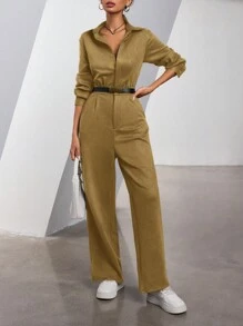 Aveloria Modichic Minimalist Chic High-End Commute Lapel Hidden Placket Waisted Women's Suede Jumpsuit  Fall Cloth For Women - Yellow - View 2