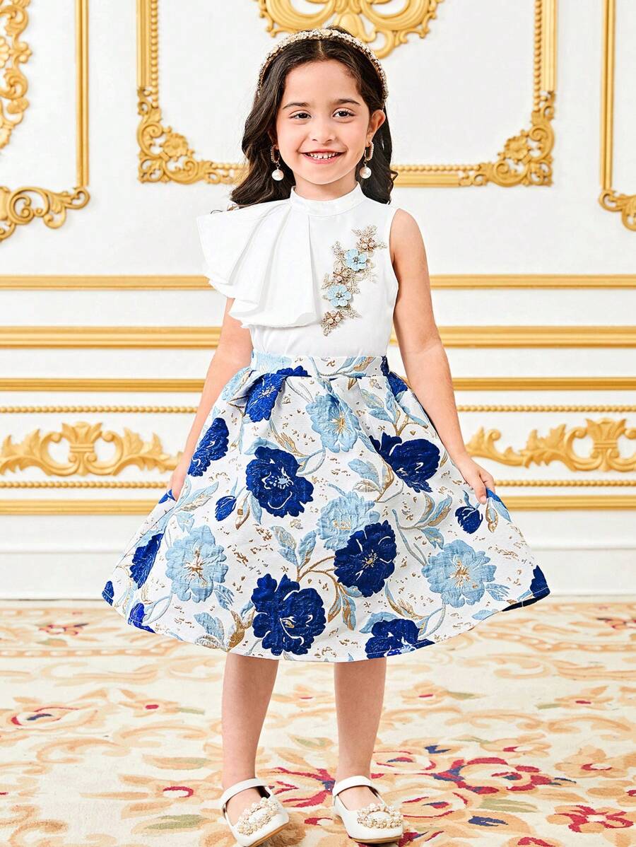 2pcs Set Young Girl Woven Solid Coloured Ruffle Collar Top And Printed Mini Skirt - Multicolor - View 1