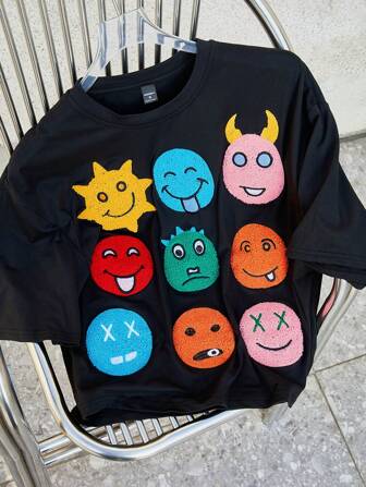 Manfinity Roghcode Camiseta casual de manga corta de cuello redondo con estampado de cara sonriente para hombres