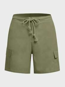 Manfinity Homme Men's Solid Color Drawstring Waist Cargo Pocket Casual Shorts - Mint Green - View 5