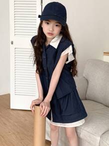 DAZY 2pcs/Set Tween Girls Front Button Top And Skirt,Girls Summer Outfits,Back To School Clothes - Navy Blue - View 3