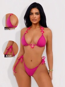 Swim SXY Conjunto de bikini de triángulo con cuello de halter y textura de tela sexy para mujer para playa y verano