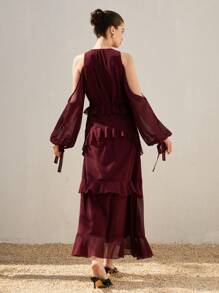 GENKIRA Vestido de gasa con cuello en V profundo sin tirantes, con volantes rojos, de manga larga, estilo italiano romántico para damas, adecuado para el Día de los Enamorados - Rojo - Ver 2
