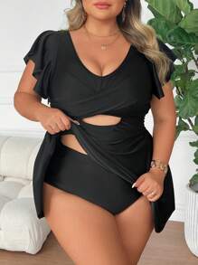 SHEIN CURVE+ Plus Size Women Conservative Swim Dress & Bottom Two Pieces Swimwear Set For Summer Beach Vacation - Multicolor - View 4