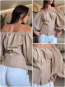 Cottnline 女士露肩灯笼袖纯色衬衫