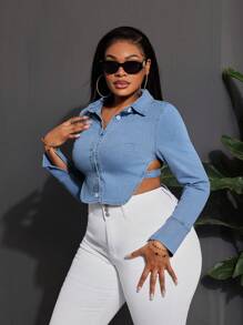 SHEIN SXY Áo khoác denim nữ cỡ lớn có nơ khoét lưng tay dài Áo dài tay màu xanh Áo mùa xuân Áo mùa hè Áo mùa hè cho nữ Áo đi chơi cho nữ Mùa xuân cho nữ Cô gái cao bồi cho nữ Buổi hòa nhạc cho nữ Áo crop top lễ hội Rave Áo dài tay buổi hòa nhạc cho nữ Y2k - Rửa trung bình - Xem 5