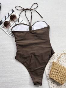 Swim Vcay Beach Summer Outfits For Women - Solid Color Front Gathered Hollow Out Halter Sexy One-Piece Swimsuit - Coffee Brown - View 7