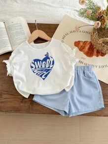 Blossori Young Girl French Letter Print Elegant T-Shirt And Shorts Set, Spring/Summer